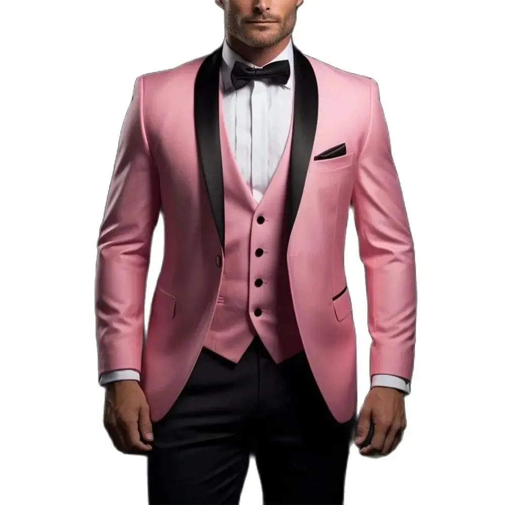 Aidase Formal Pink Men Suits High Quality Blazer Black Shawl Lapel One Button Slim Fit 3 Piece Jacket Pants Vest Full Sets Prom Outfits