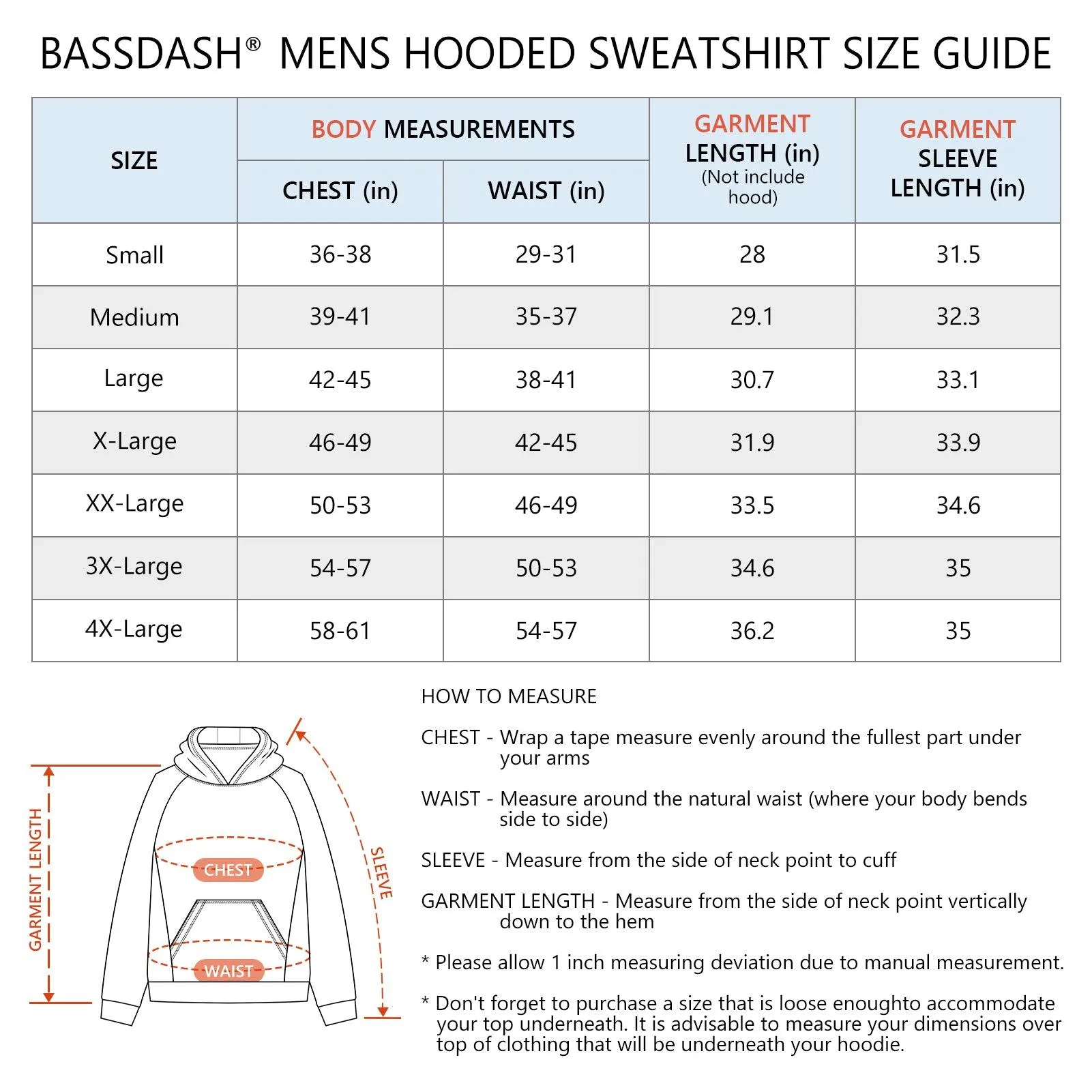 BASSDASH Men‘s Fleece Hoodies FS32M