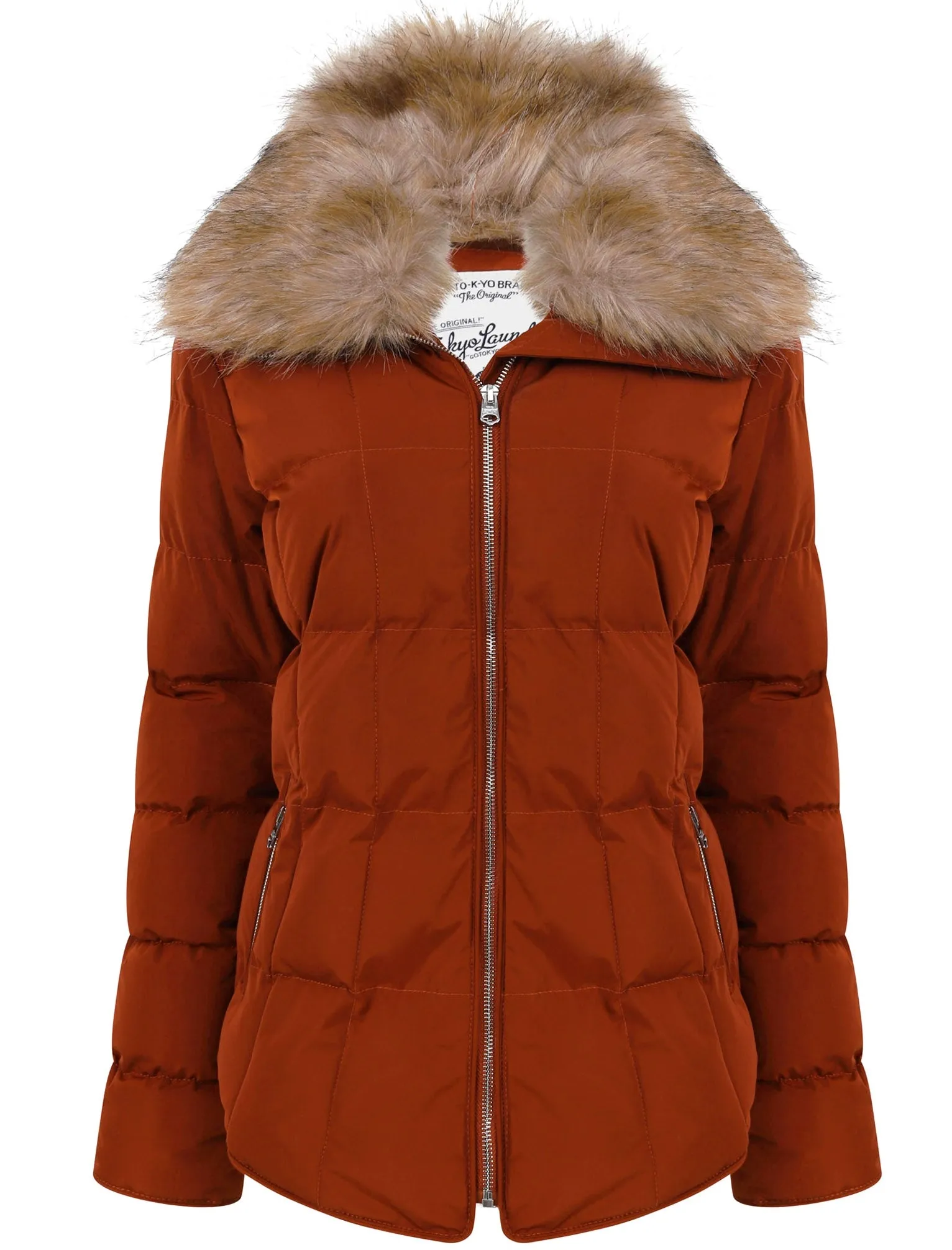 Bertie Funnel Neck Quilted Puffer Jacket With Detachable Fur Trim In Smoked Paprika - Tokyo Laundry