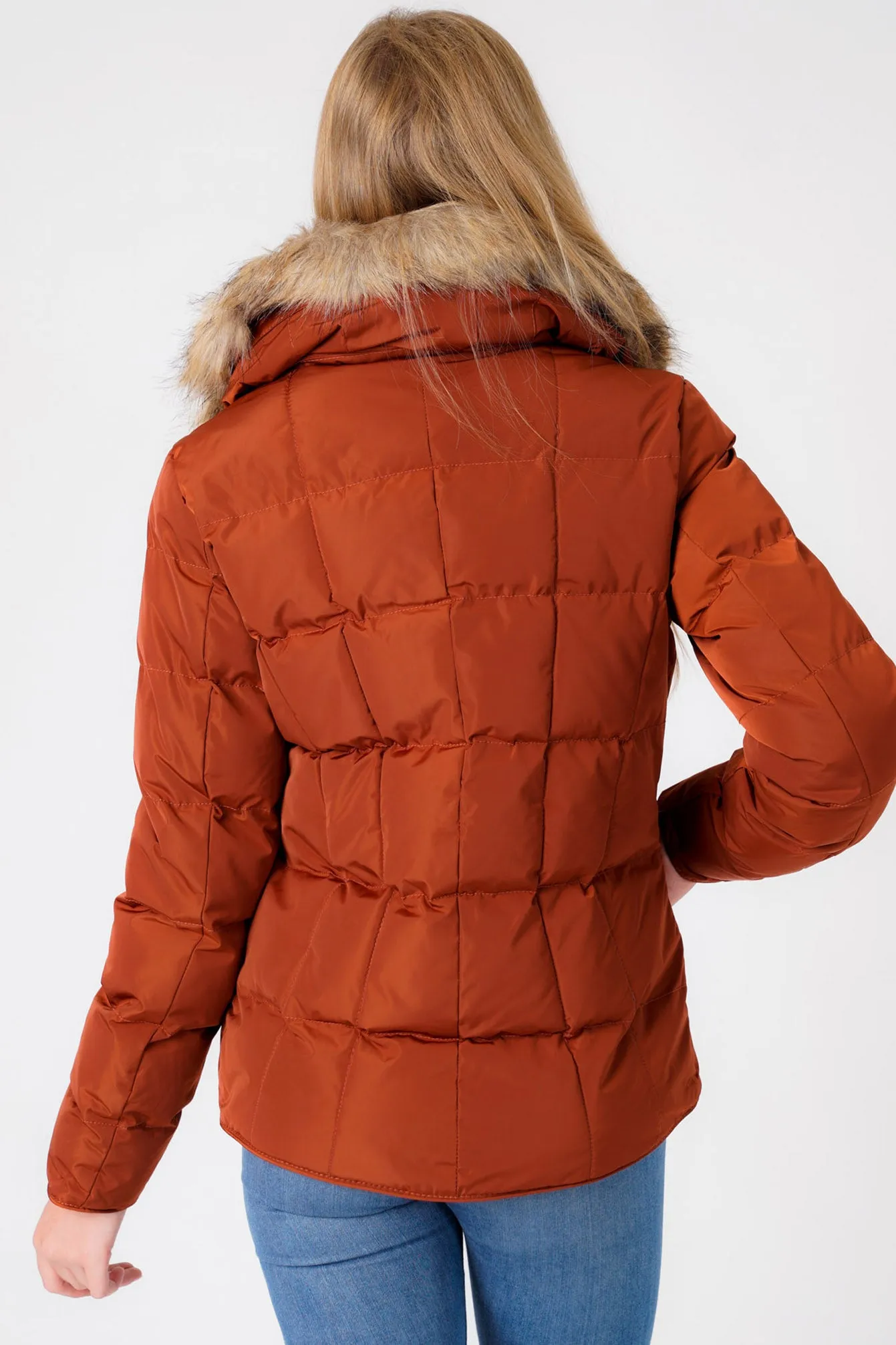 Bertie Funnel Neck Quilted Puffer Jacket With Detachable Fur Trim In Smoked Paprika - Tokyo Laundry