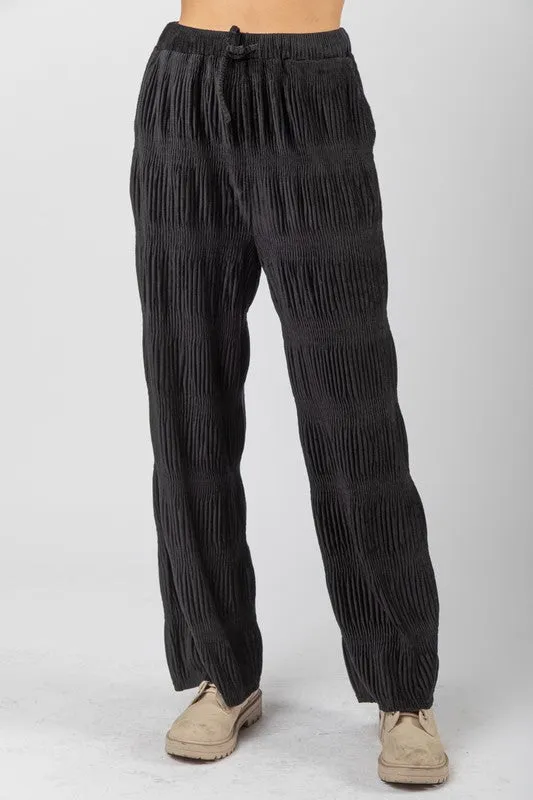 Black Crinkled Soft Velvet Comfy Straight Pants