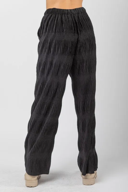 Black Crinkled Soft Velvet Comfy Straight Pants