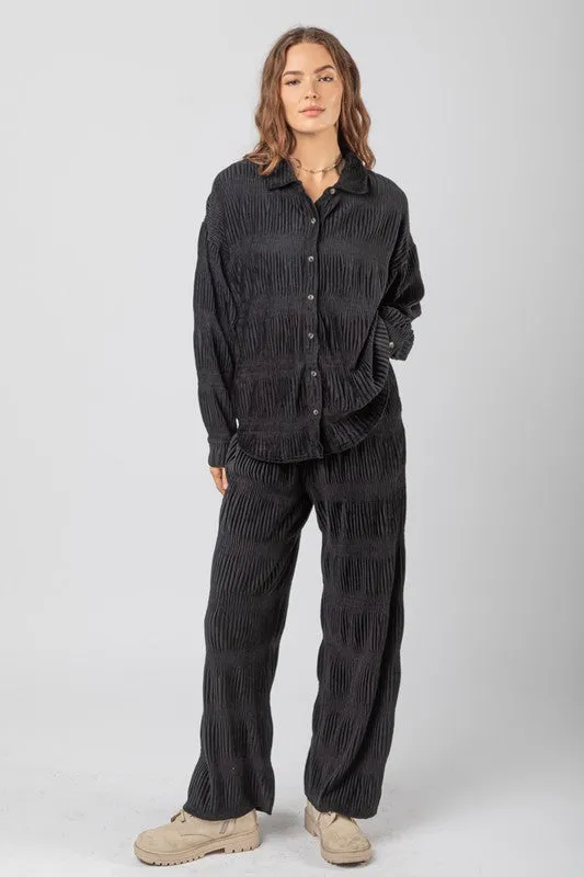 Black Crinkled Soft Velvet Comfy Straight Pants