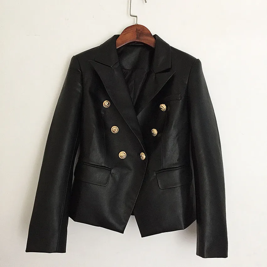 Black Double-Breasted Leather Suit Jacket