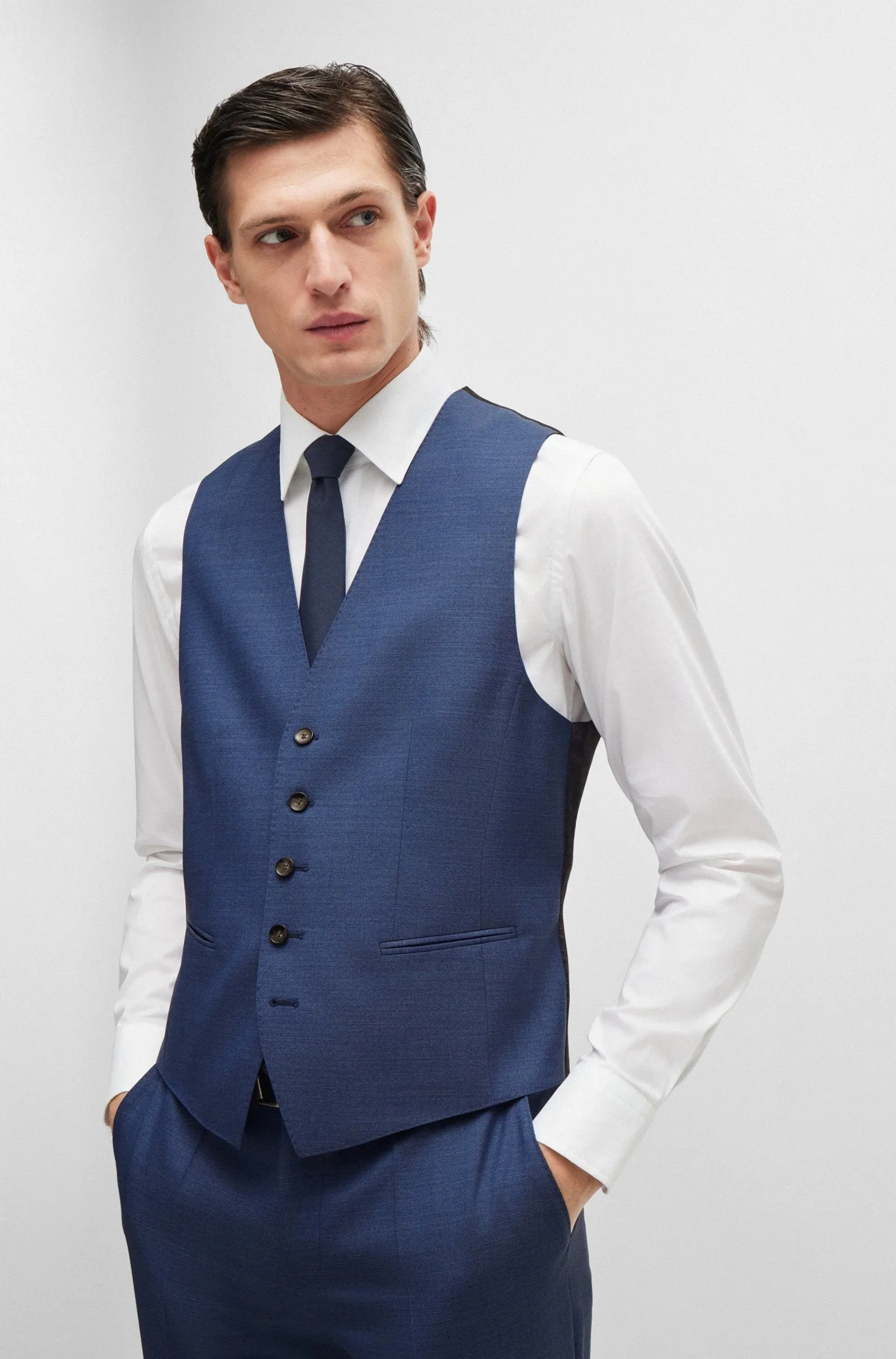 Boss Regular-Fit Three-Piece Suit in Melange Virgin Wool - Navy