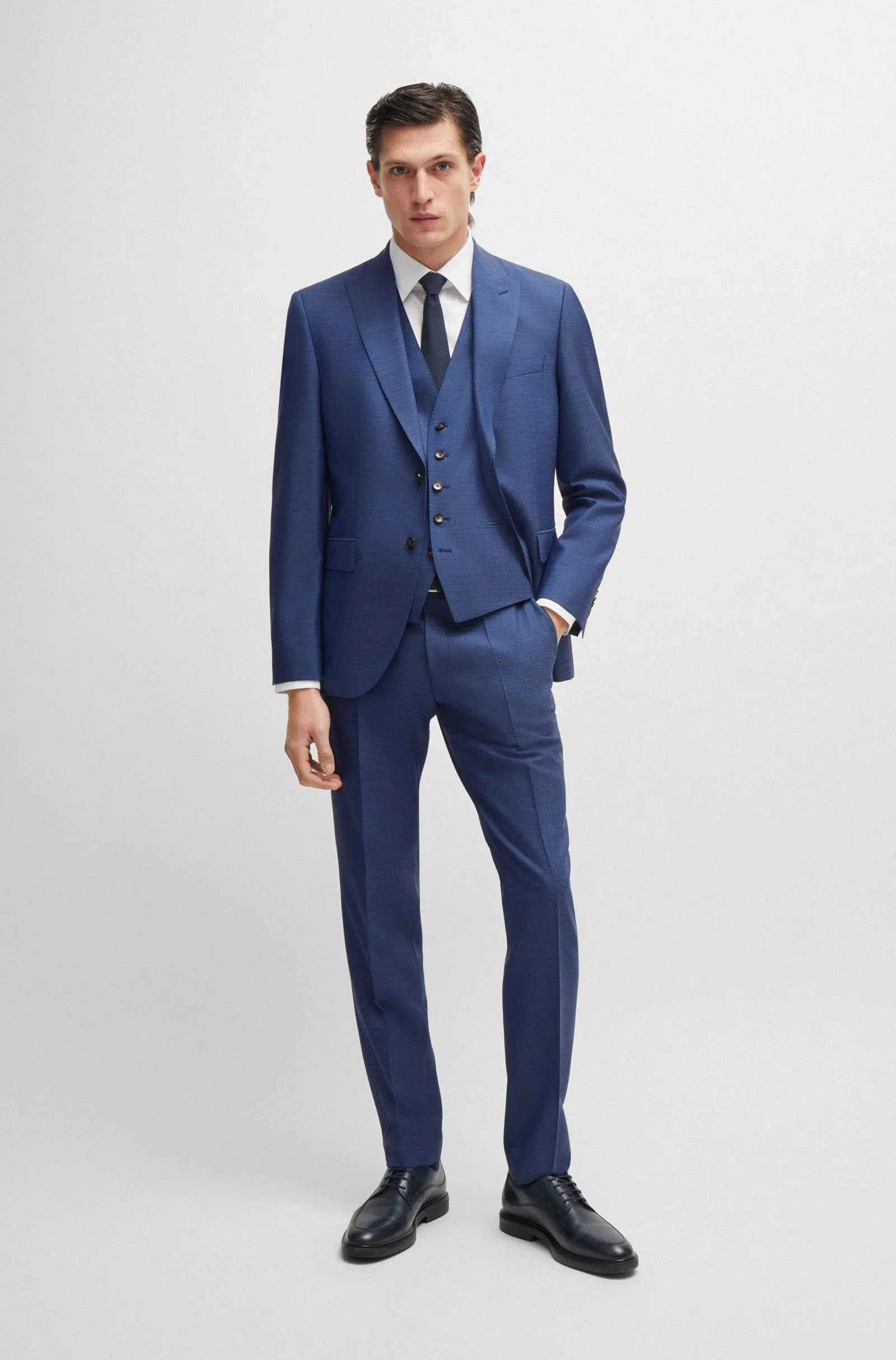 Boss Regular-Fit Three-Piece Suit in Melange Virgin Wool - Navy