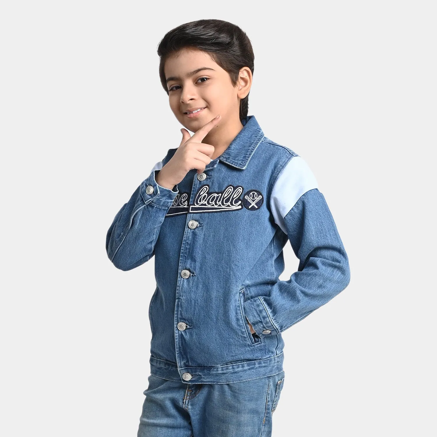 Boys Denim Rigid Jacket BaseBall-Mid Blue