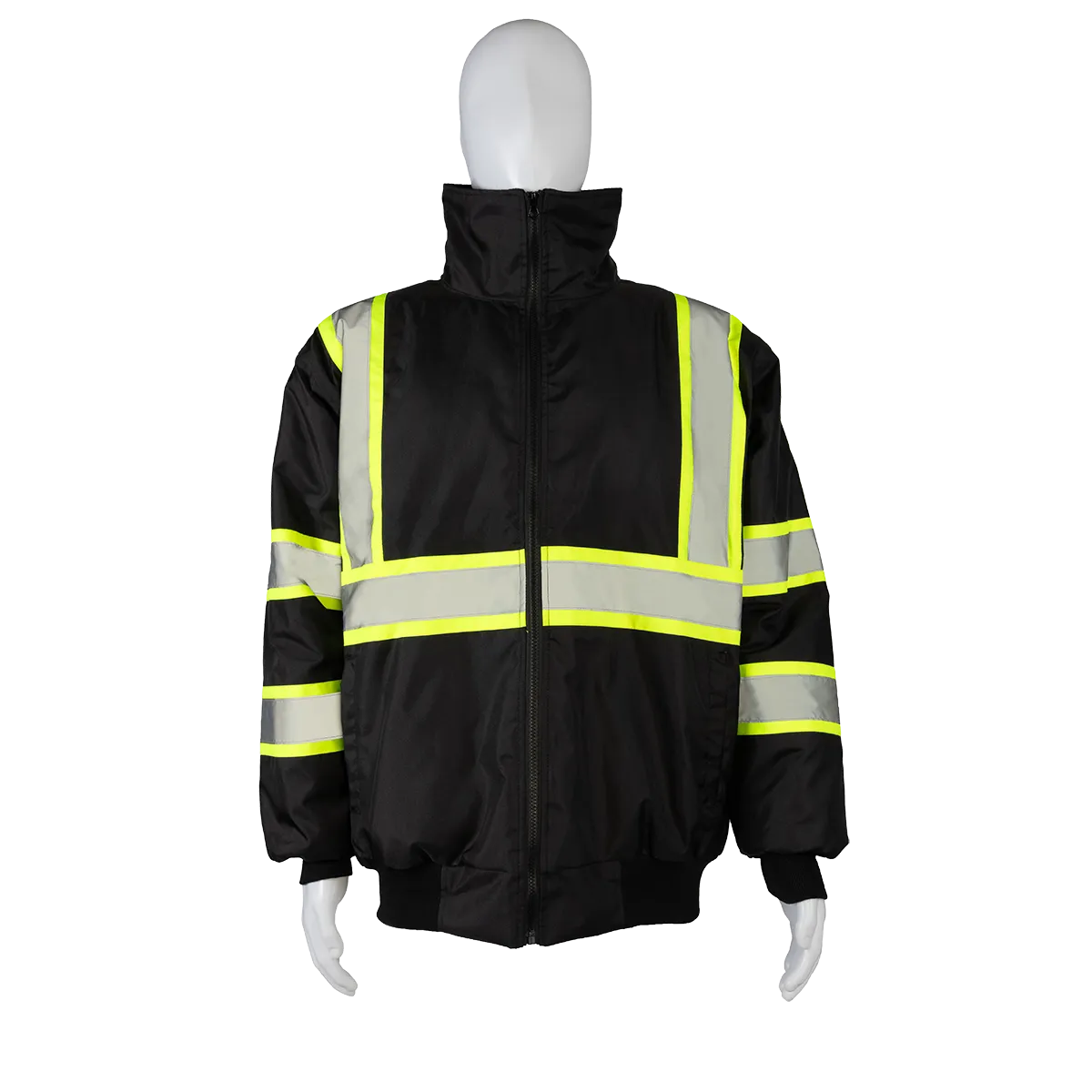 BQBJ-LG Enhanced Visibility Waterproof Black Quilted Bomber Jacket With Lime Contrast Binding