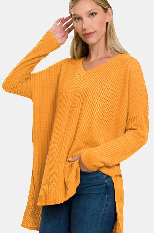 Brushed Thermal Waffle V-Neck Hi-Low Hem Sweater