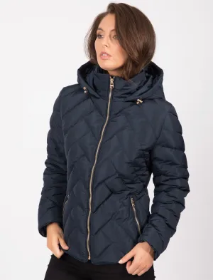 Chateau Zig Zag Quilted Hooded Puffer Jacket in Navy Blazer - Tokyo Laundry