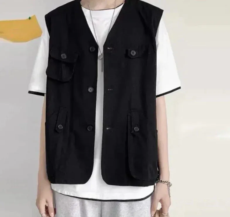 CHICMY Men Vests Solid Button Down V Neck Sleeveless Loose Streetwear Male Waistcoats Korean 2024 Fashion Casual Vests S-5XL