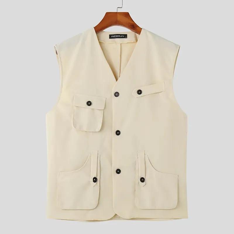 CHICMY Men Vests Solid Button Down V Neck Sleeveless Loose Streetwear Male Waistcoats Korean 2024 Fashion Casual Vests S-5XL