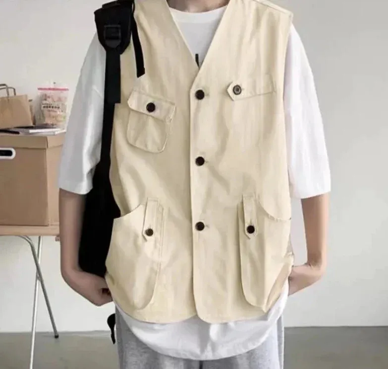 CHICMY Men Vests Solid Button Down V Neck Sleeveless Loose Streetwear Male Waistcoats Korean 2024 Fashion Casual Vests S-5XL