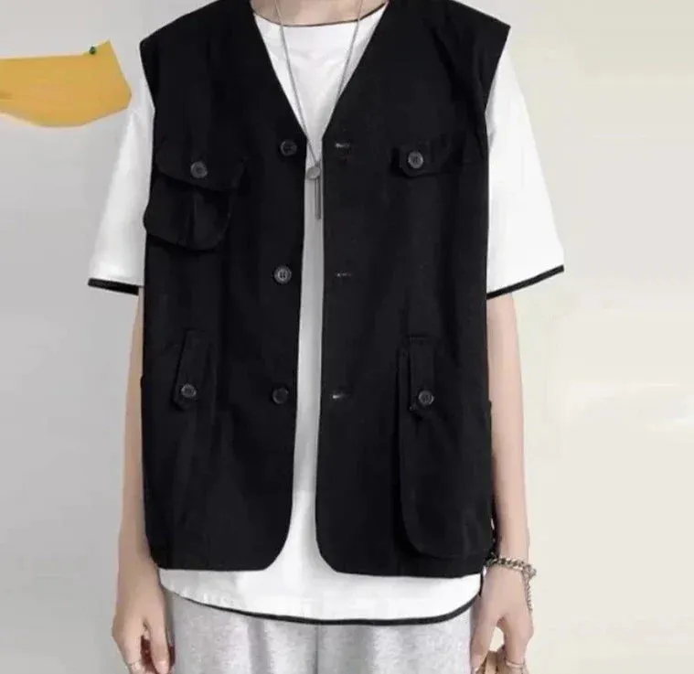 CHICMY Men Vests Solid Button Down V Neck Sleeveless Loose Streetwear Male Waistcoats Korean 2024 Fashion Casual Vests S-5XL