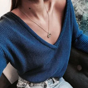 Deep V-neck Pure Color Pullover Sweater