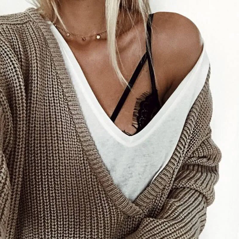 Deep V-neck Pure Color Pullover Sweater