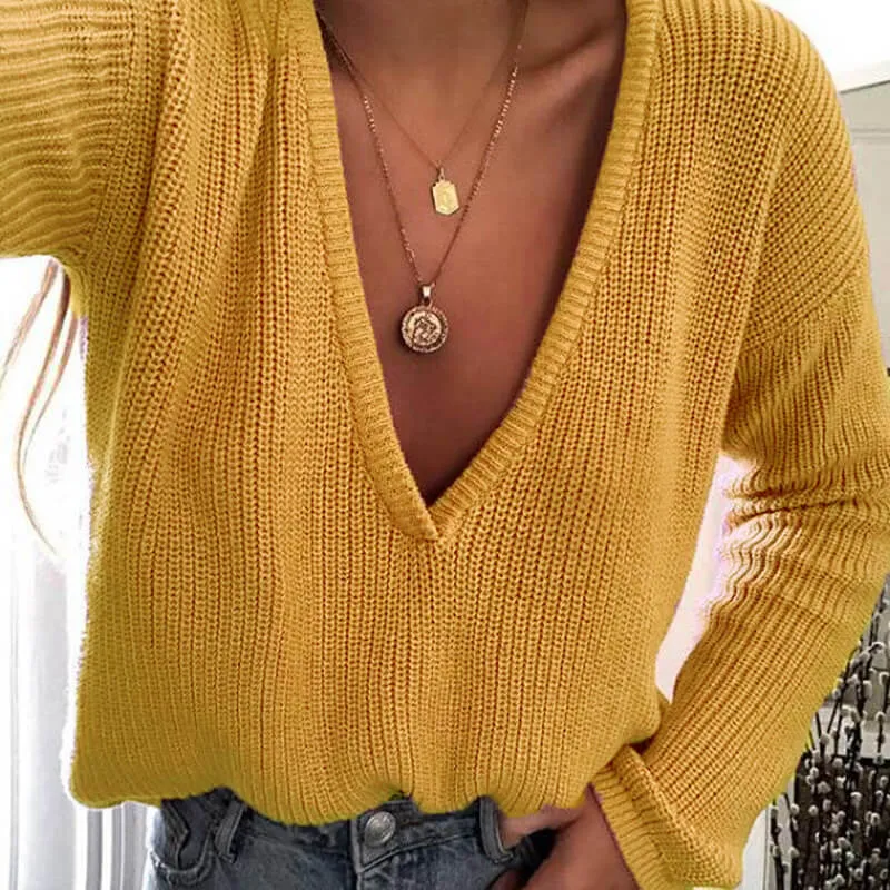 Deep V-neck Pure Color Pullover Sweater