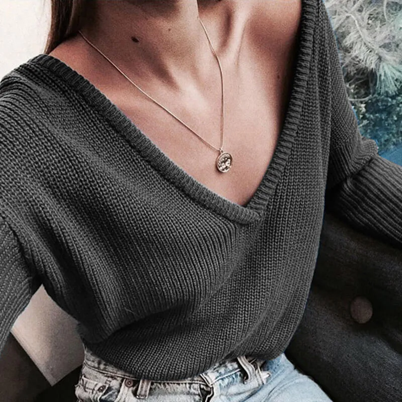 Deep V-neck Pure Color Pullover Sweater