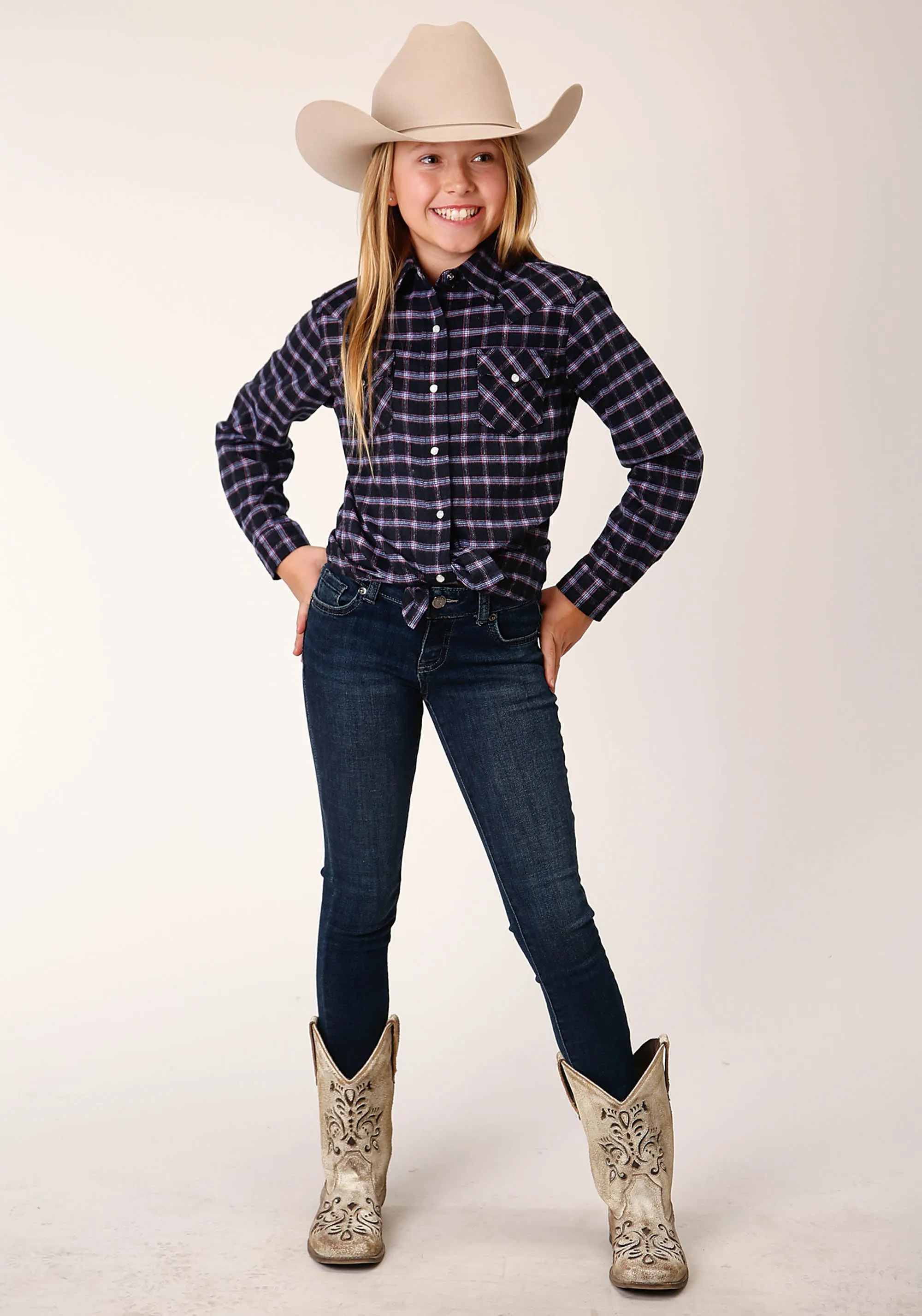 GIRLS LONG SLEEVE BUTTON UNLINED FLANNEL WESTERN SHIRT