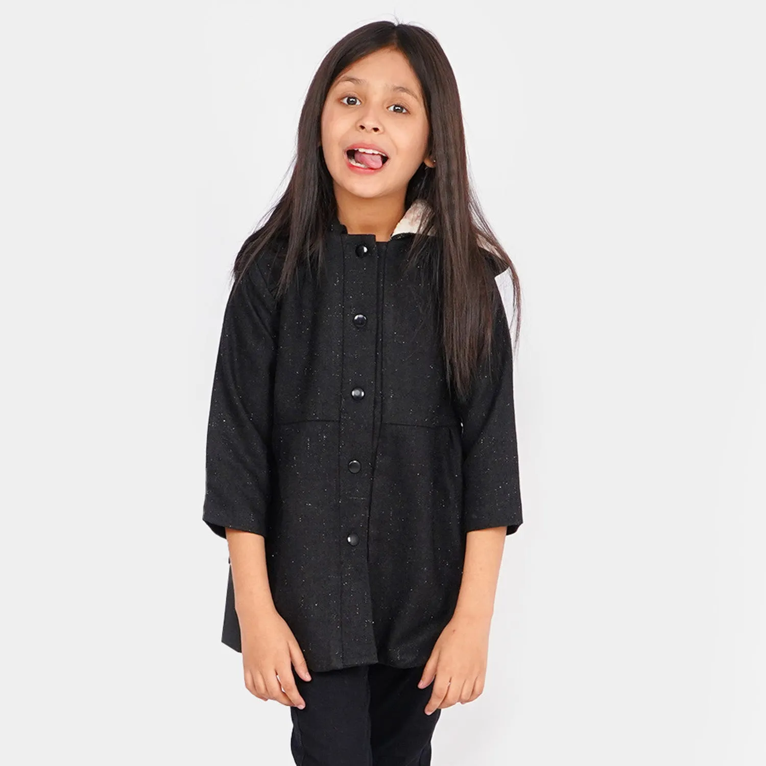 Girls Stylish Woolen Coat - BLACK