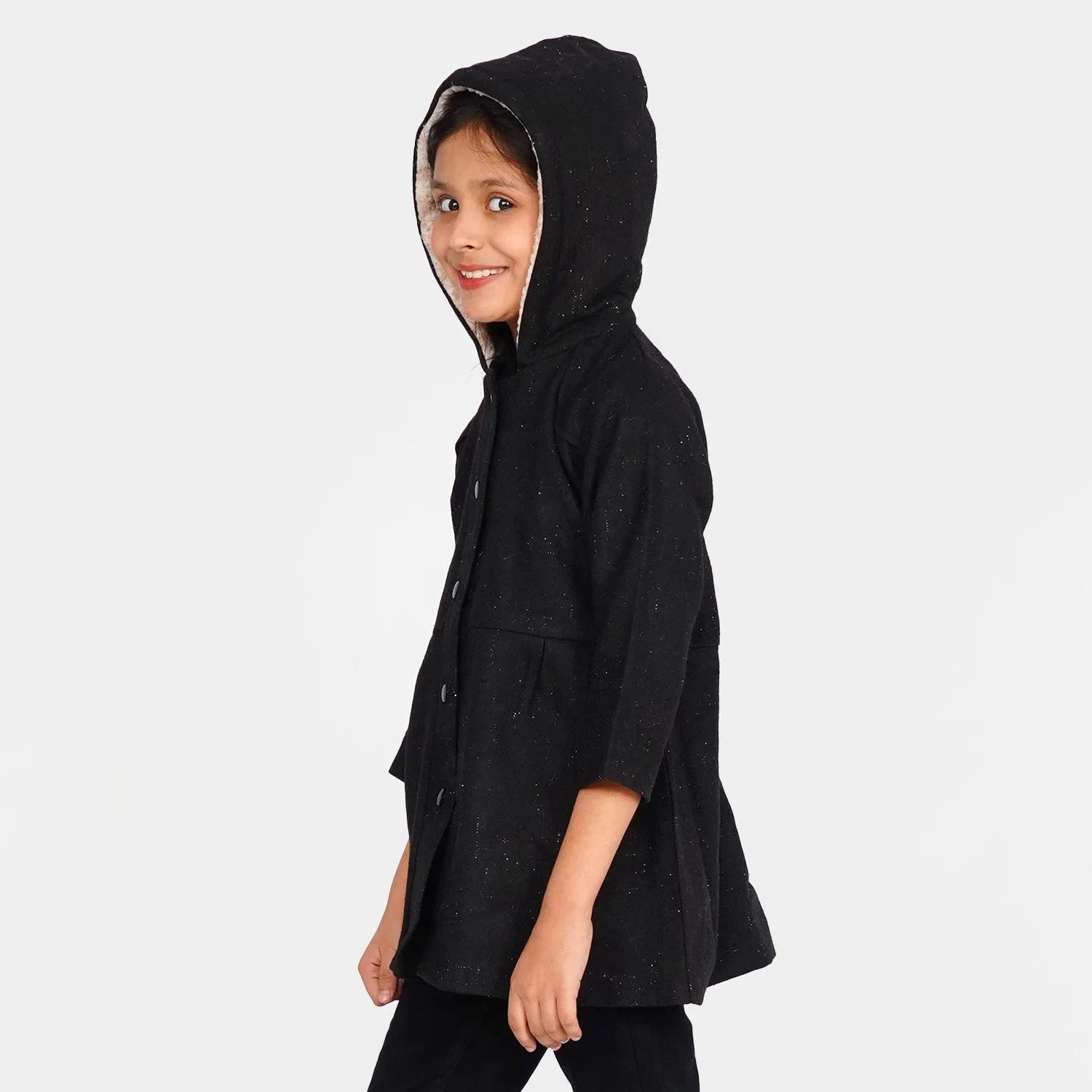 Girls Stylish Woolen Coat - BLACK