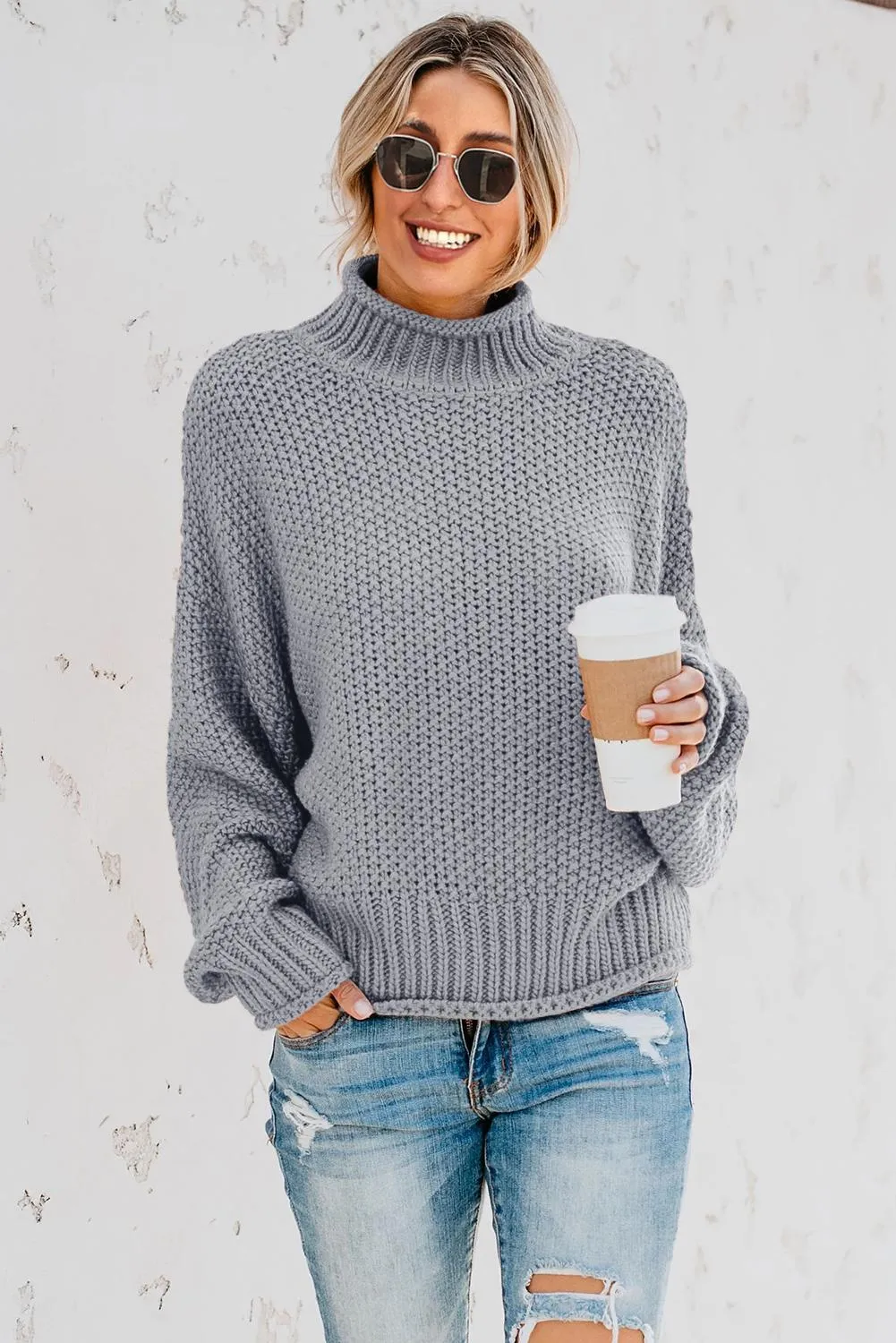 Gray Chunky Batwing Long Sleeve Turtleneck Sweater