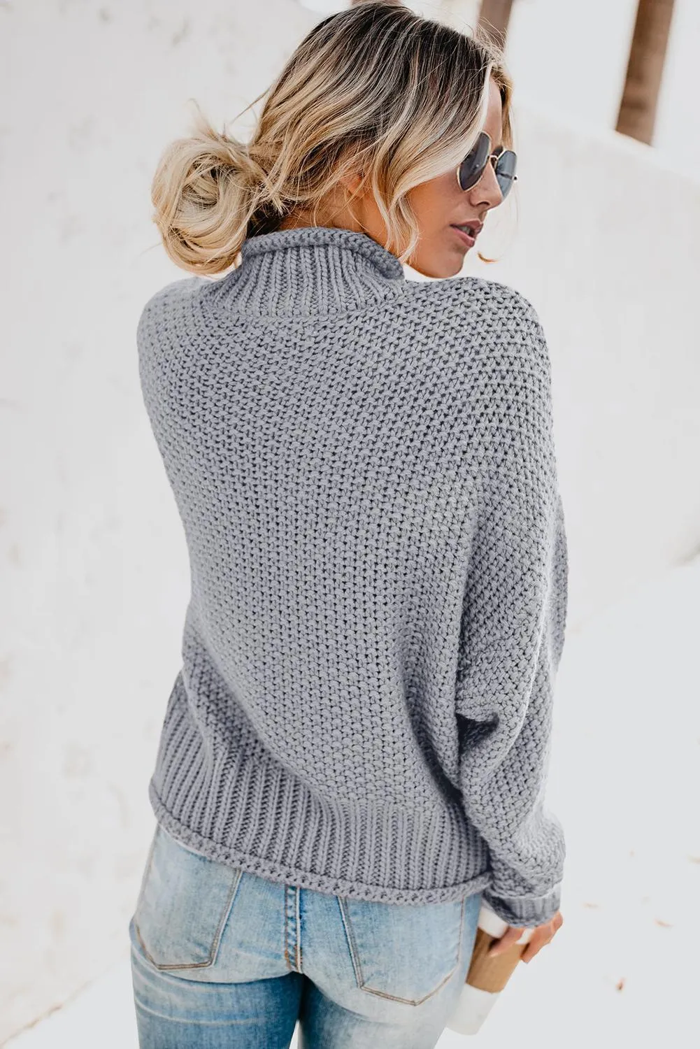 Gray Chunky Batwing Long Sleeve Turtleneck Sweater