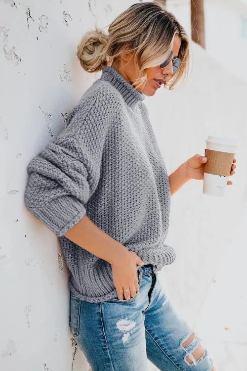 Gray Chunky Batwing Long Sleeve Turtleneck Sweater