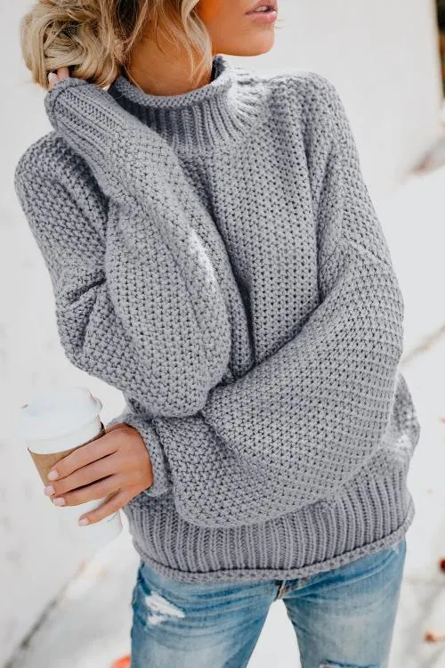 Gray Chunky Batwing Long Sleeve Turtleneck Sweater