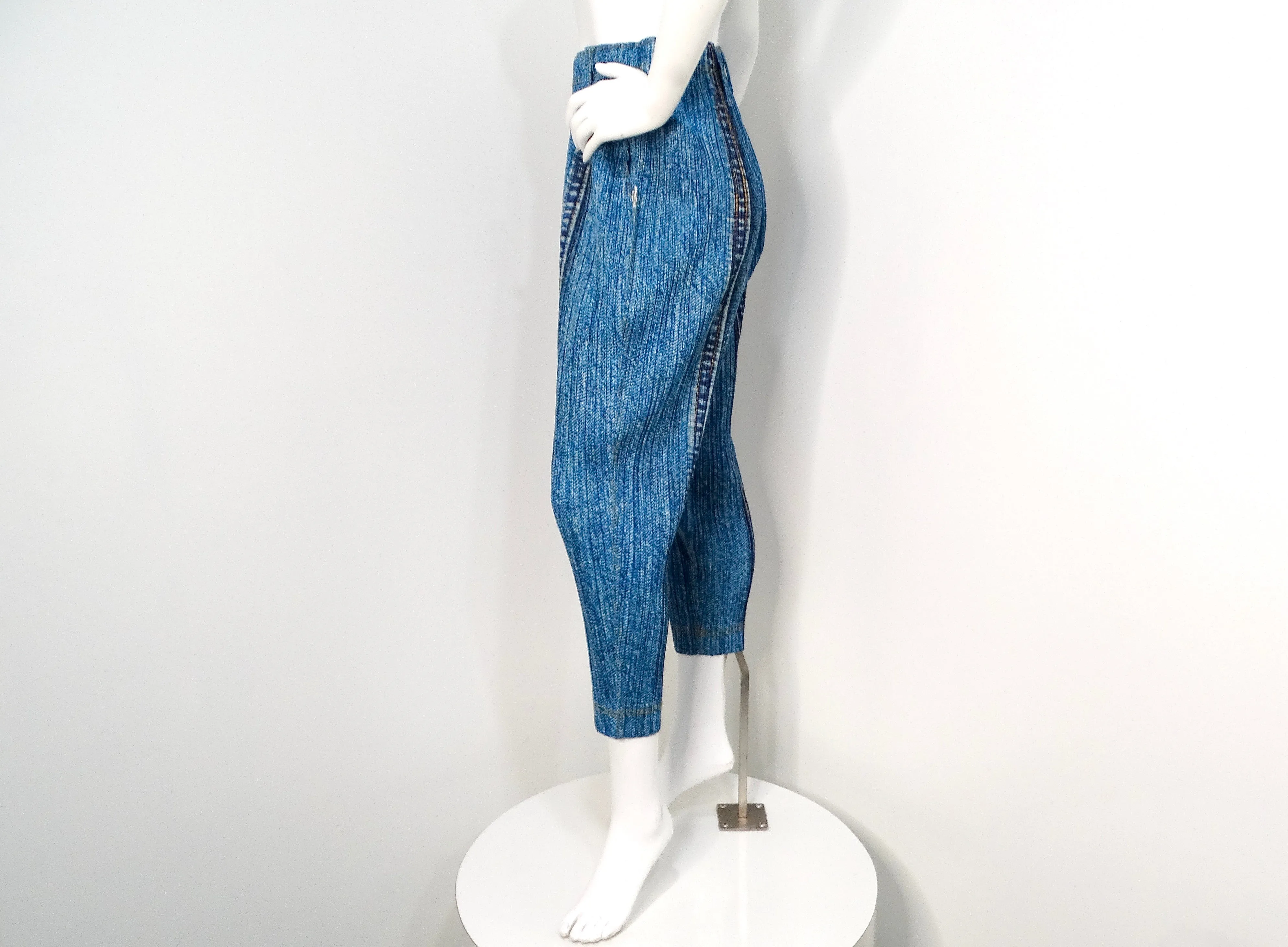 Issey Miyake 1990s Pleats Please Denim Print Pleated Capri Pants