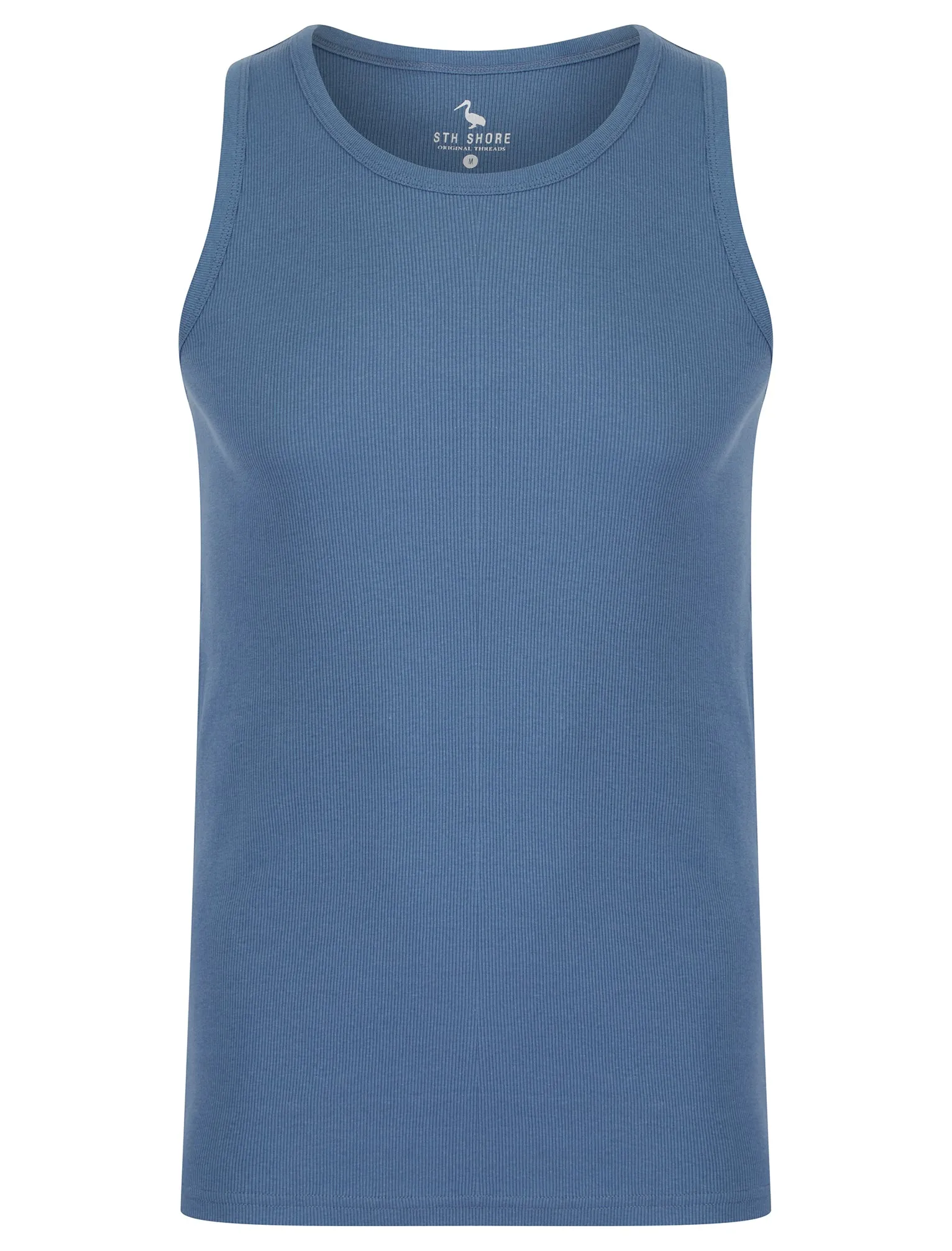 Jeremy Cotton Ribbed Plain Vest Top in Blue Horizon - South Shore