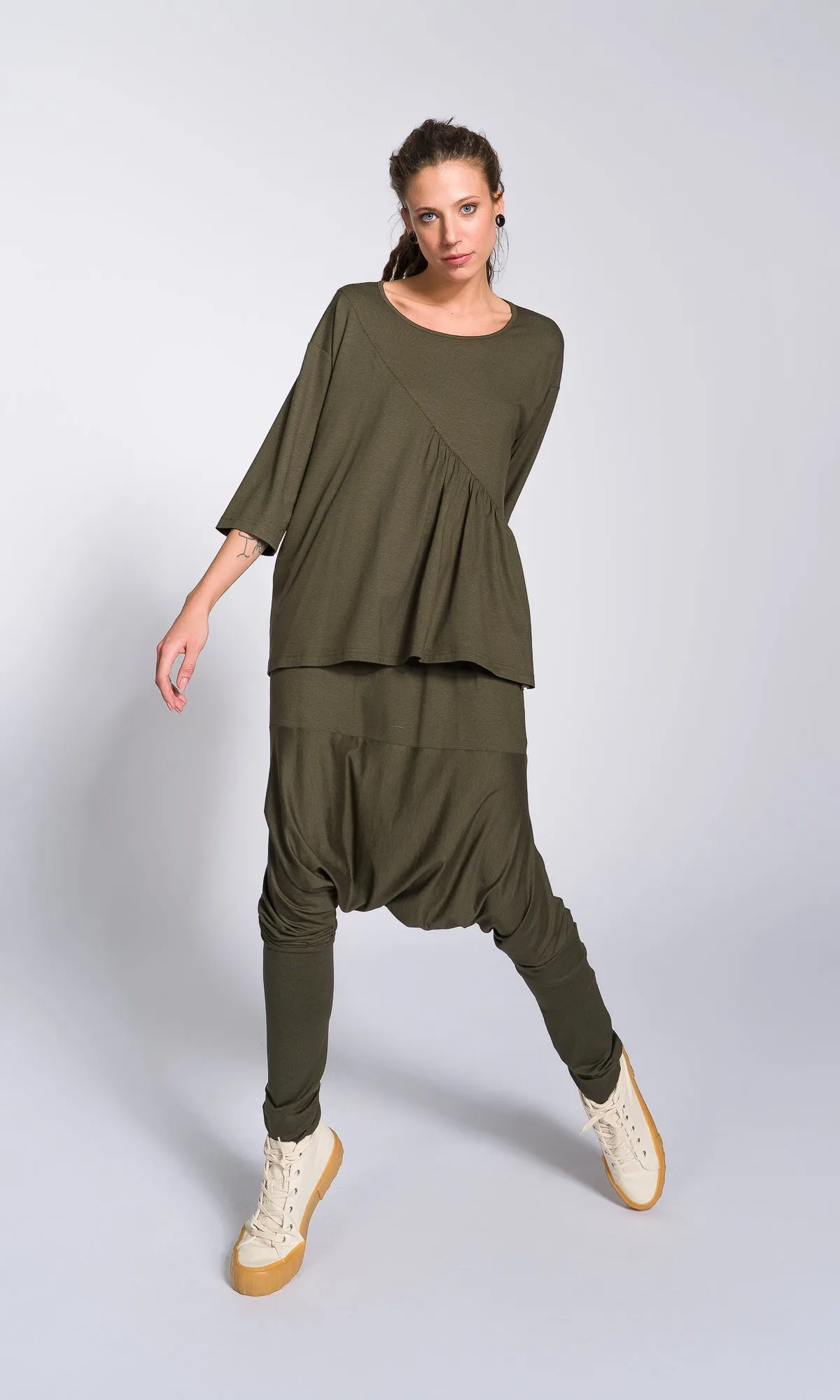 Loose Drop Crotch Pants with Slim Leg