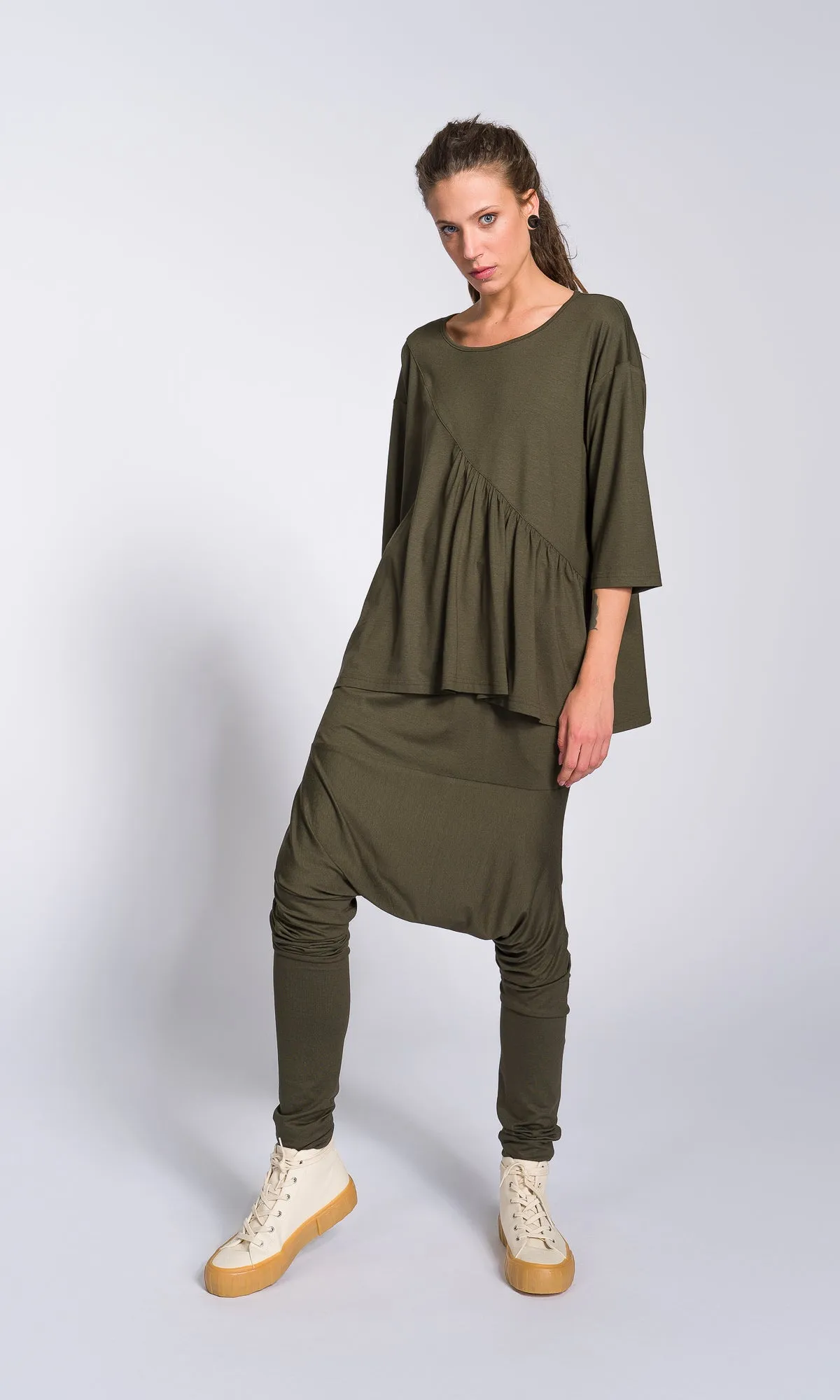 Loose Drop Crotch Pants with Slim Leg