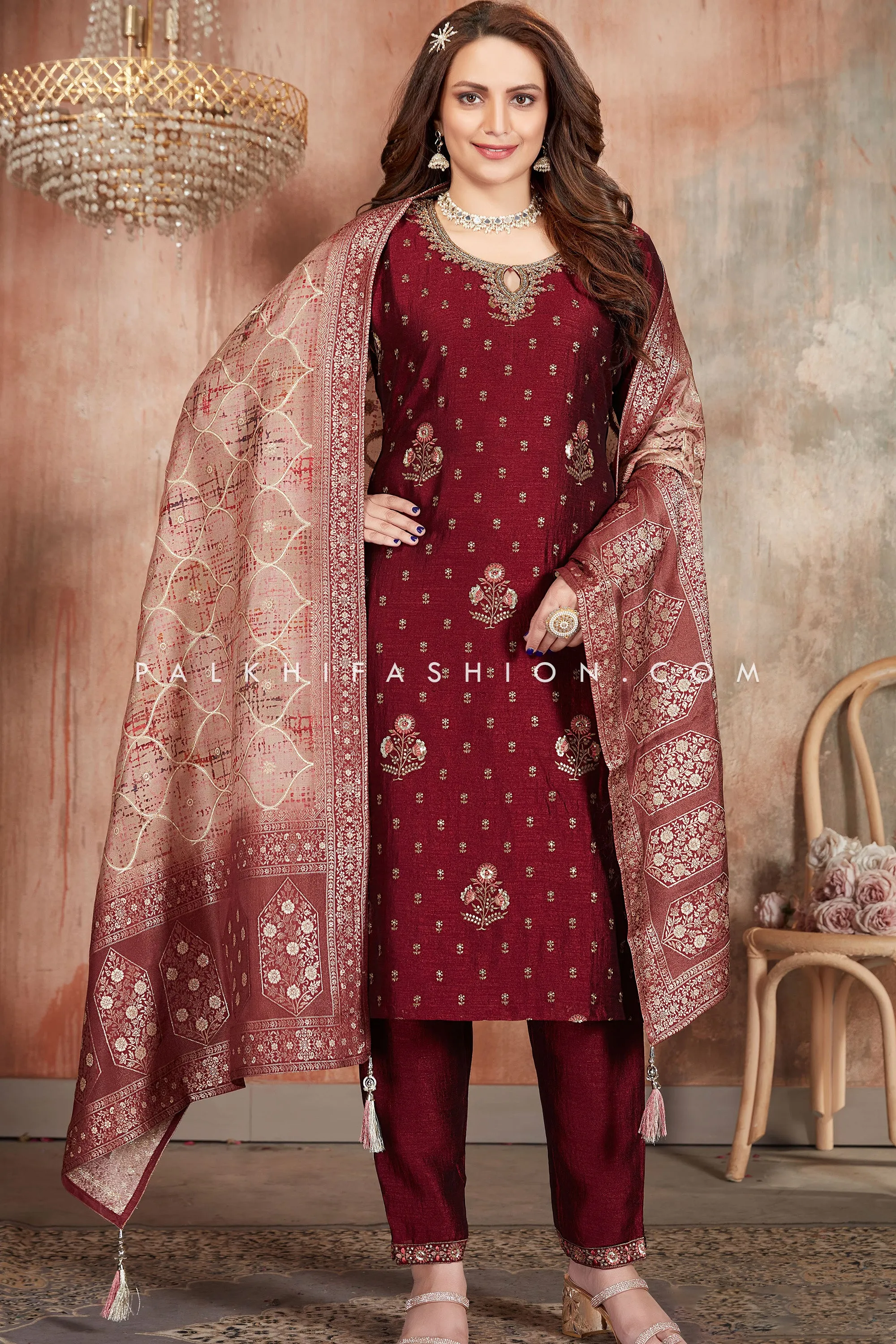 Maroon Soft Silk Embroidered Suit with Stunning Dupatta