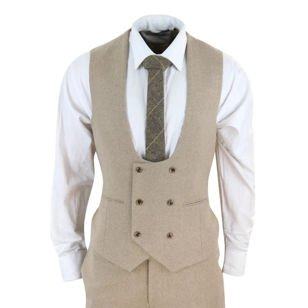 Men Tweed 3 Piece Suit Tan Oak Double Breasted Tailored Fit Wedding