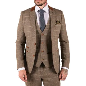 Mens Check Vintage Herringbone Tweed Tan Brown 3 Piece Suit Slim Fit Wedding