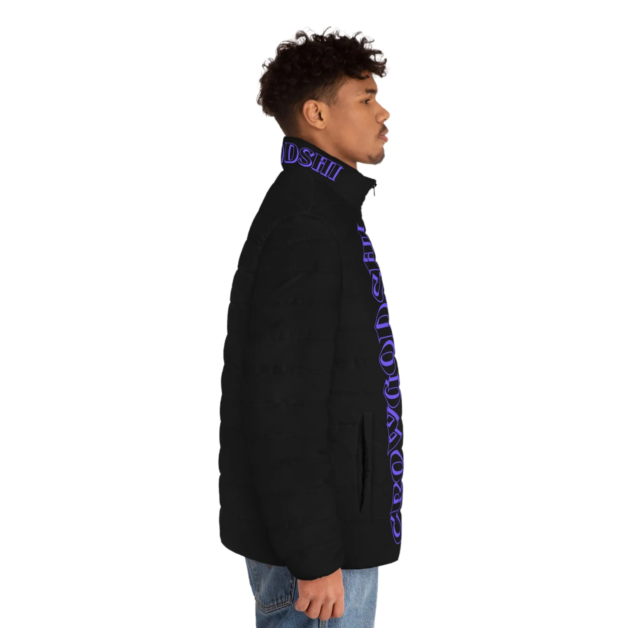 Men's CROWGODSHI 2nd GEN Puffer Jacket, BLACK W/ PURPLE LOGO