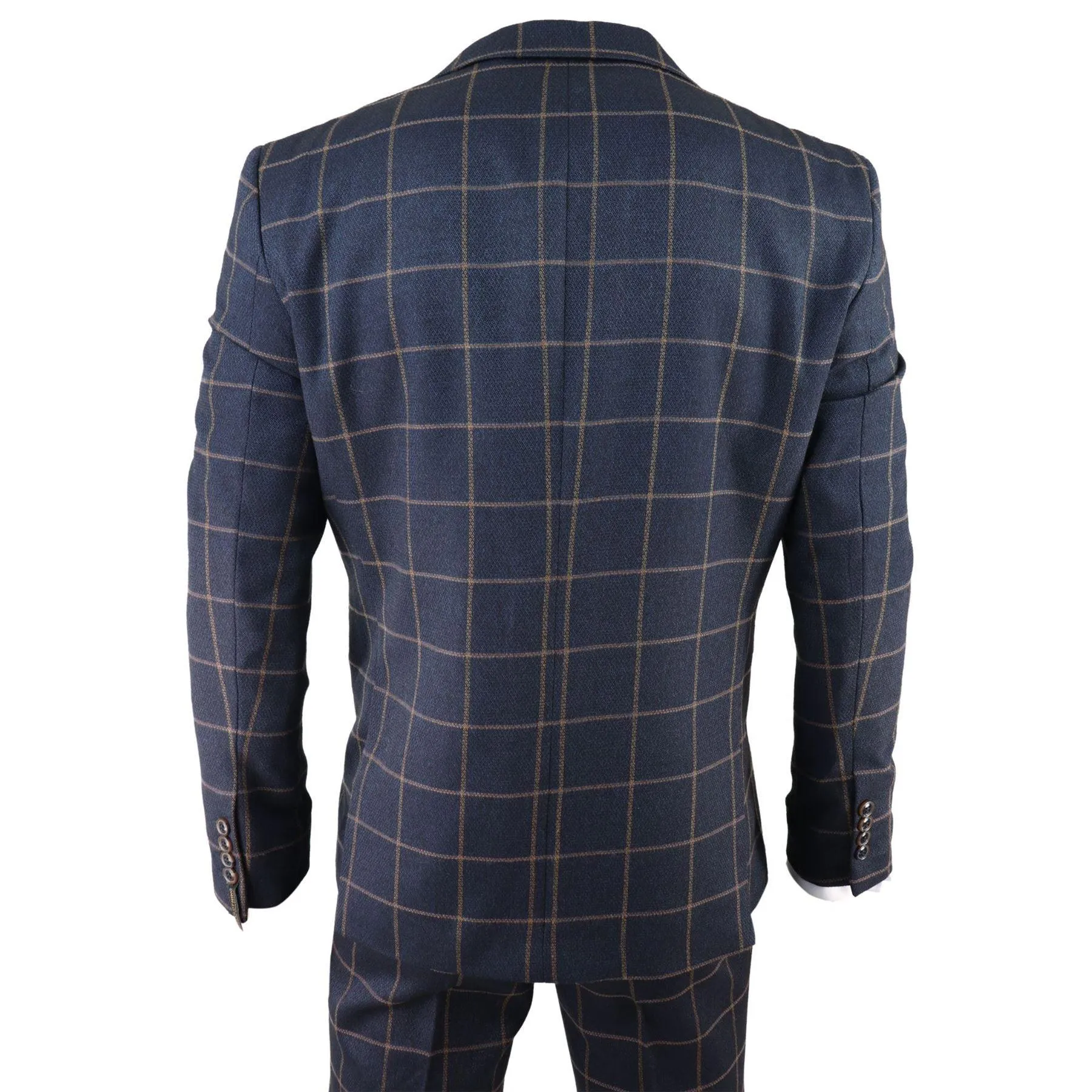 Mens Herringbone Tweed Navy Blue Check 3 Piece Wool Suit Tan