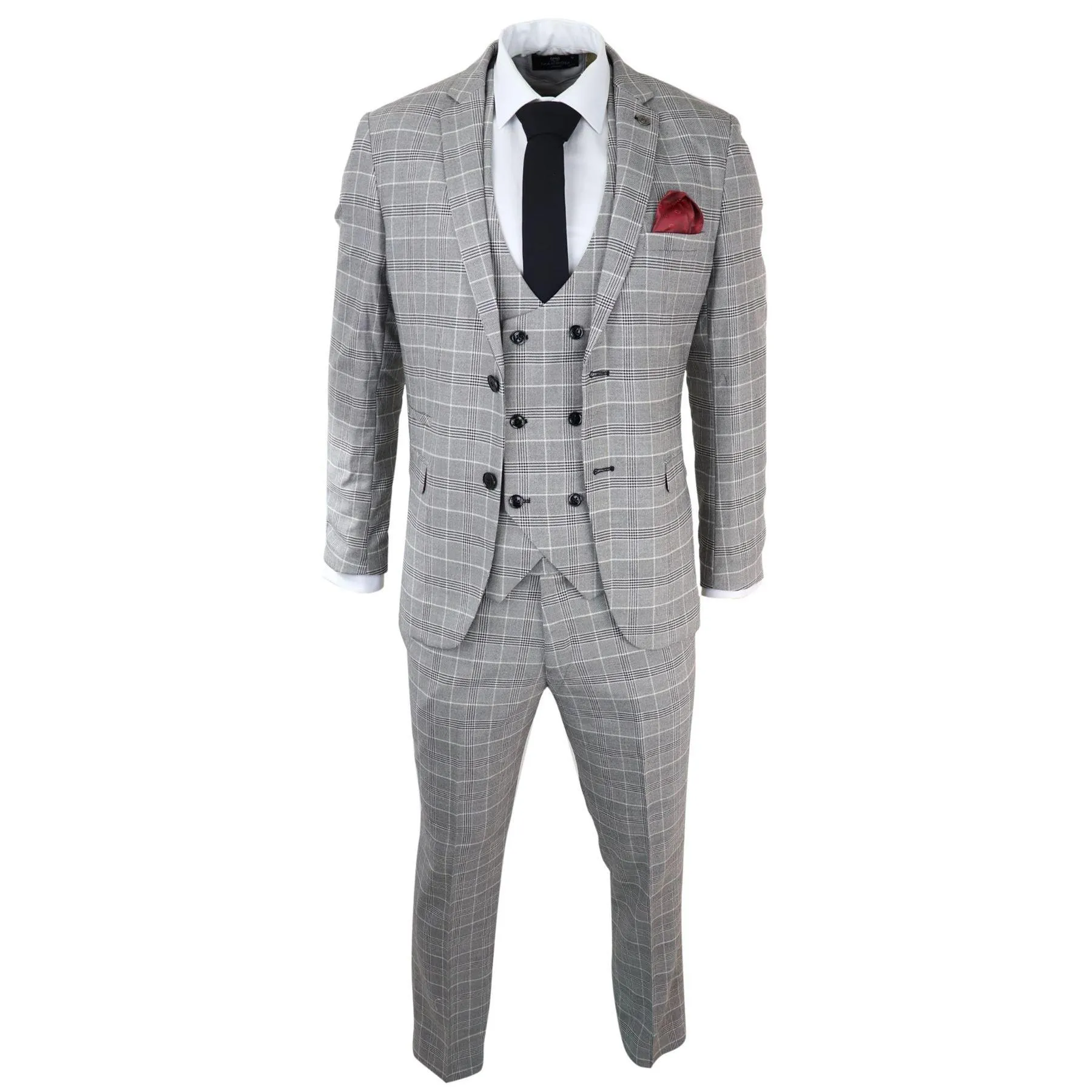 Mens Marc Darcy Grey Prince Of Wales Check Suit Ross Office Wedding Slim Fit Classic