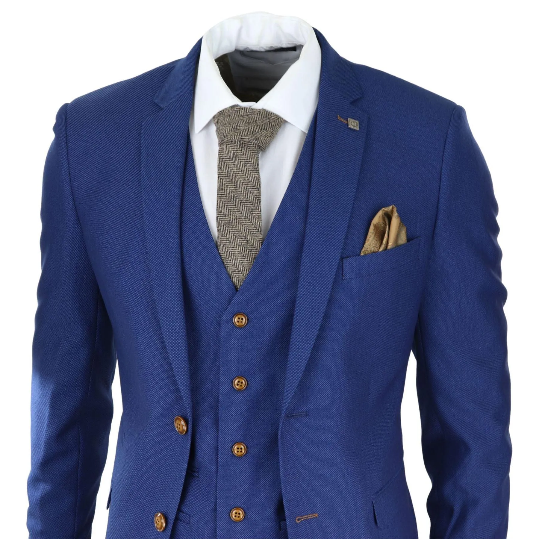 Mens Royal Blue 3 piece Suit Brown Trim Classic Birdseye Vintage Wedding Grooms