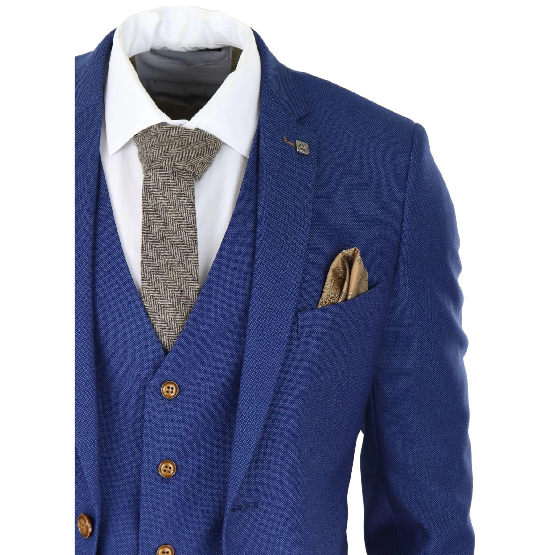 Mens Royal Blue 3 piece Suit Brown Trim Classic Birdseye Vintage Wedding Grooms