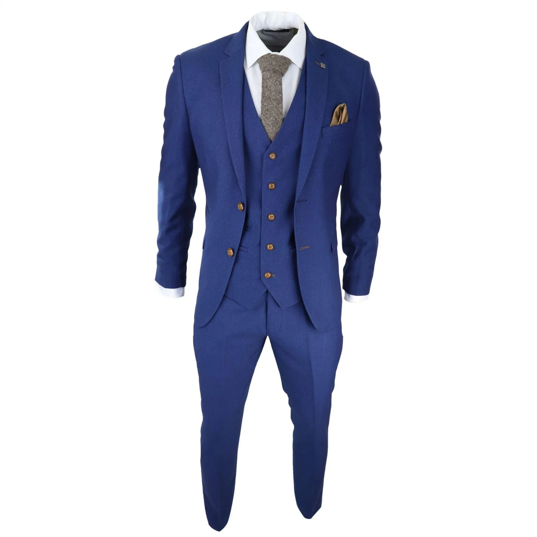 Mens Royal Blue 3 piece Suit Brown Trim Classic Birdseye Vintage Wedding Grooms