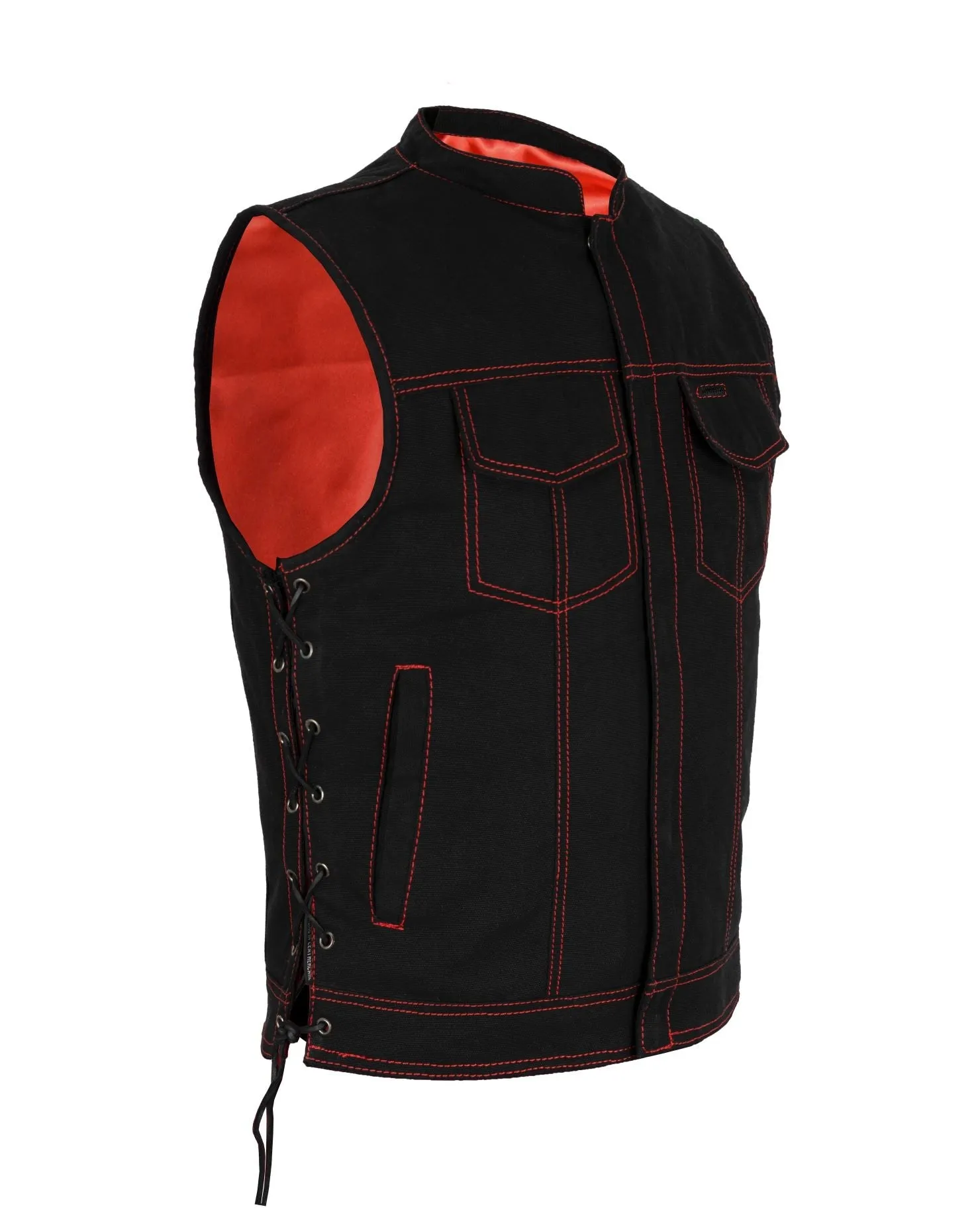 Mens SOA Style Motorcycle Club Vest® Black Denim Conceal Gun Pockets Side Laces Red Thread Red Liner