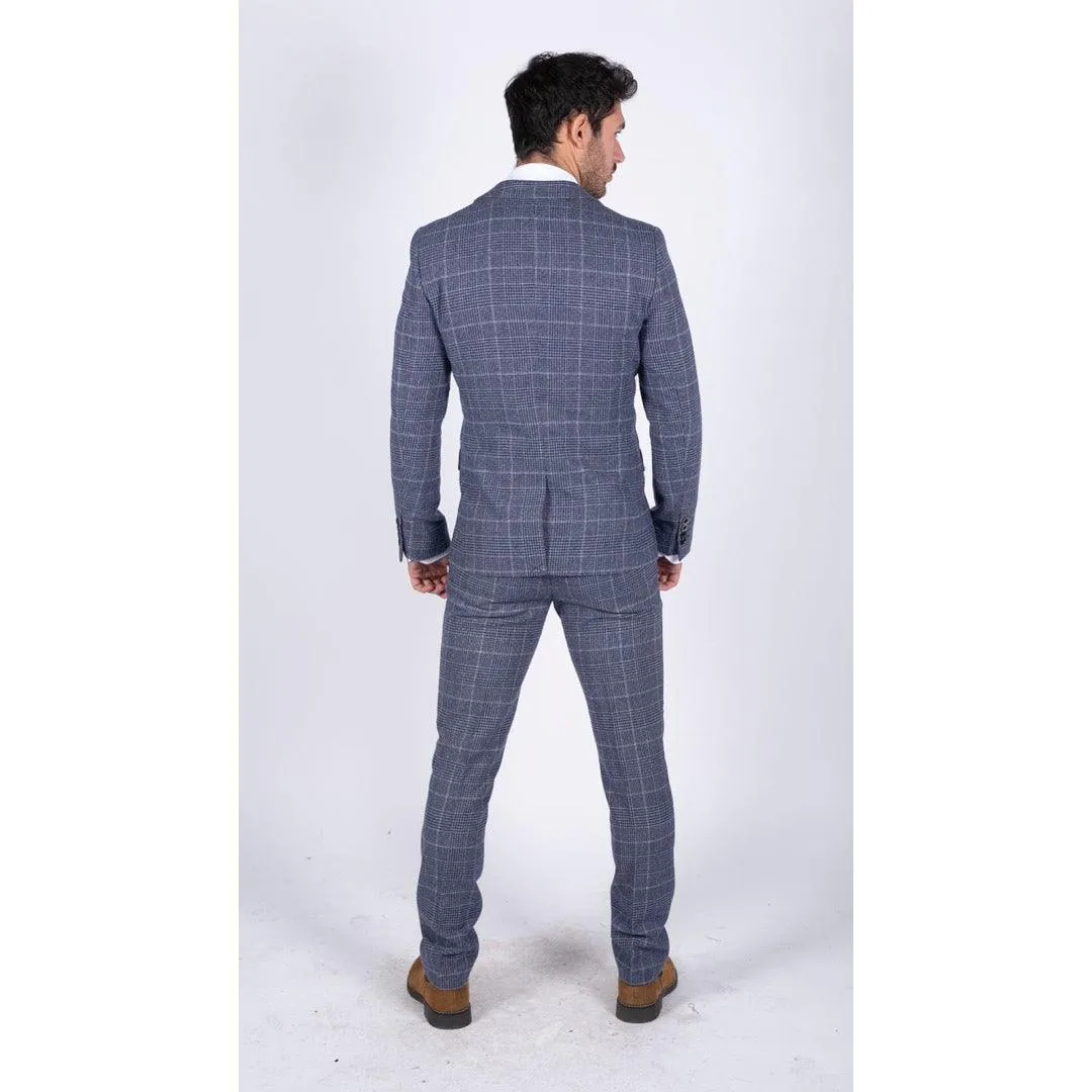 Mens Tweed Wool Check Suit 3 Piece Vintage Classic Blue Grey Tailored Fit