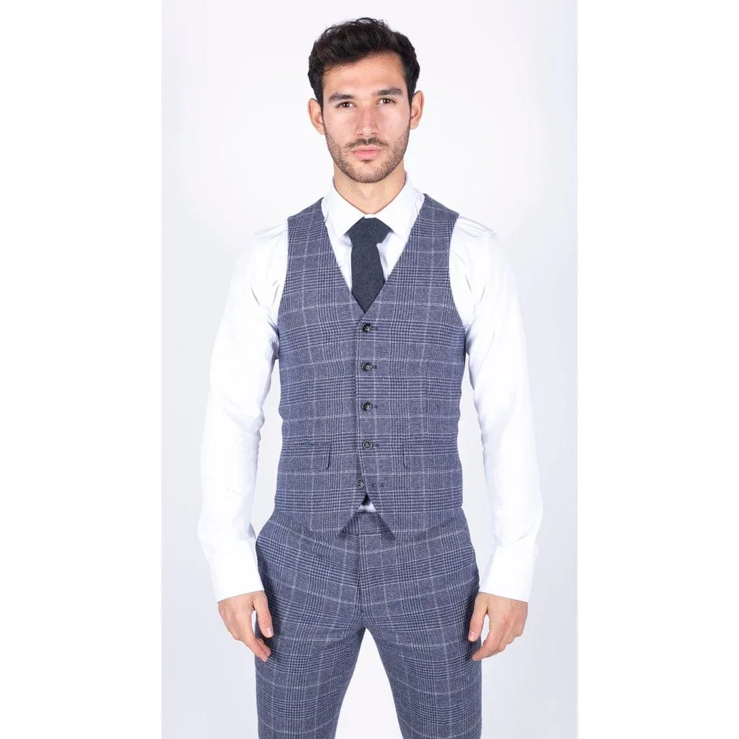 Mens Tweed Wool Check Suit 3 Piece Vintage Classic Blue Grey Tailored Fit