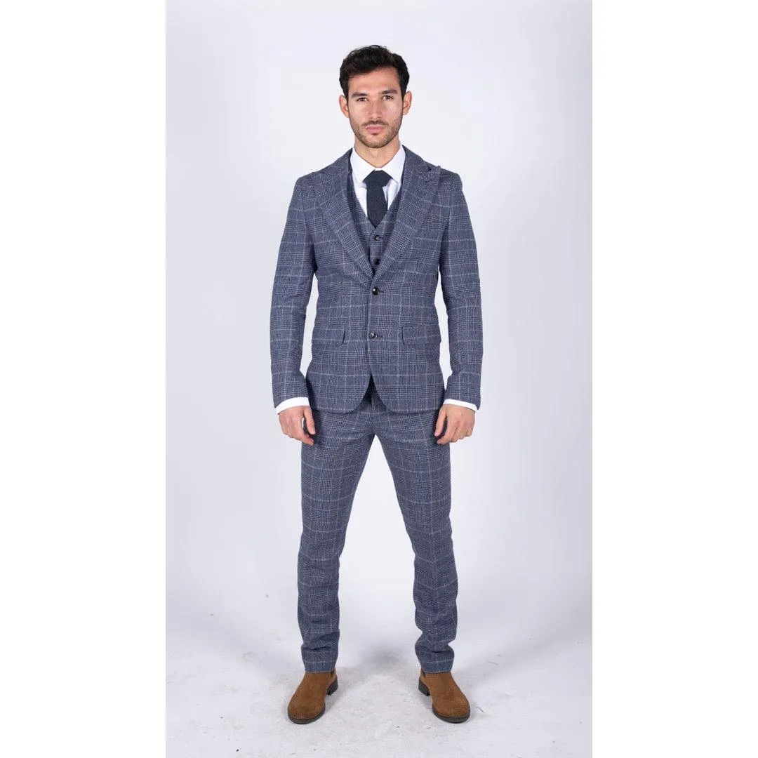 Mens Tweed Wool Check Suit 3 Piece Vintage Classic Blue Grey Tailored Fit