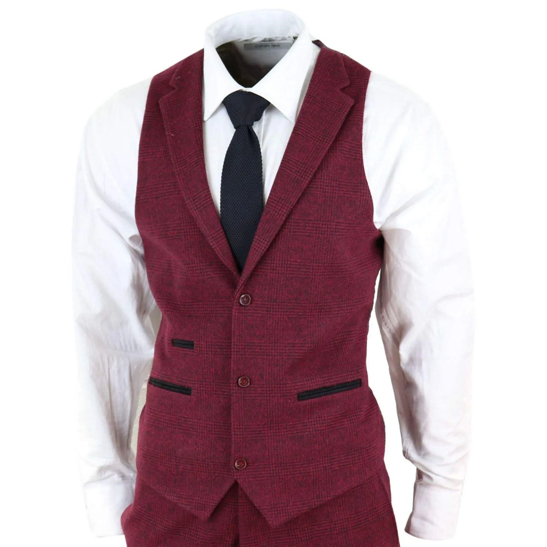 Mens Wine Maroon Check Herringbone Tweed Vintage Tailored Fit 3 Piece Suit Smart