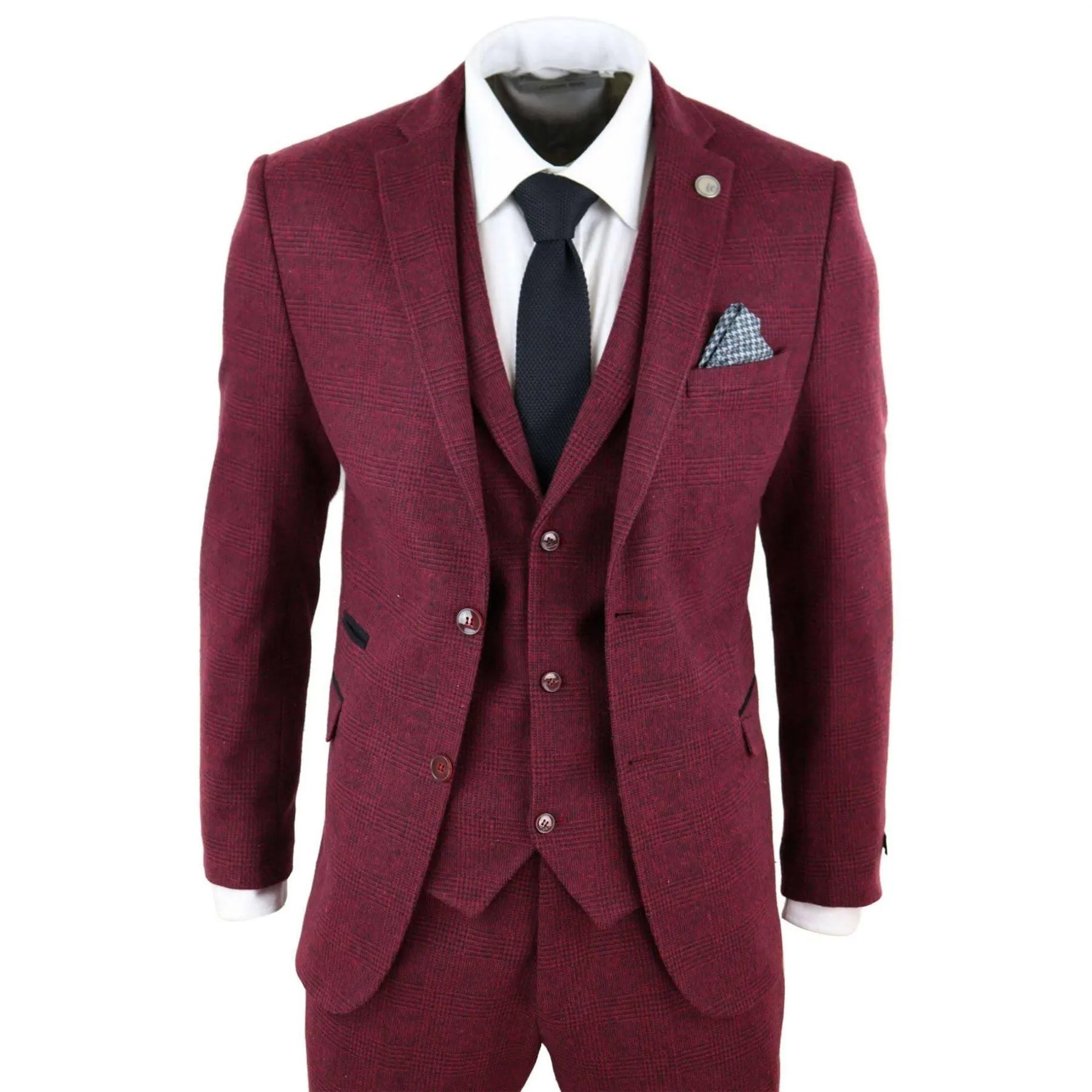 Mens Wine Maroon Check Herringbone Tweed Vintage Tailored Fit 3 Piece Suit Smart