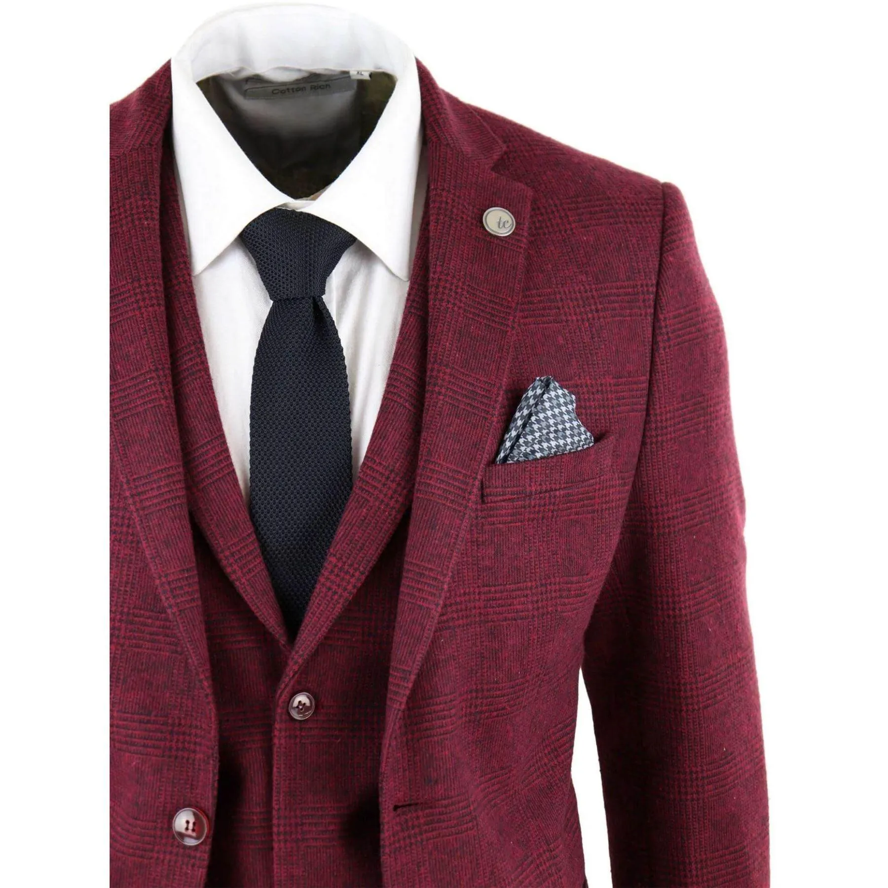 Mens Wine Maroon Check Herringbone Tweed Vintage Tailored Fit 3 Piece Suit Smart