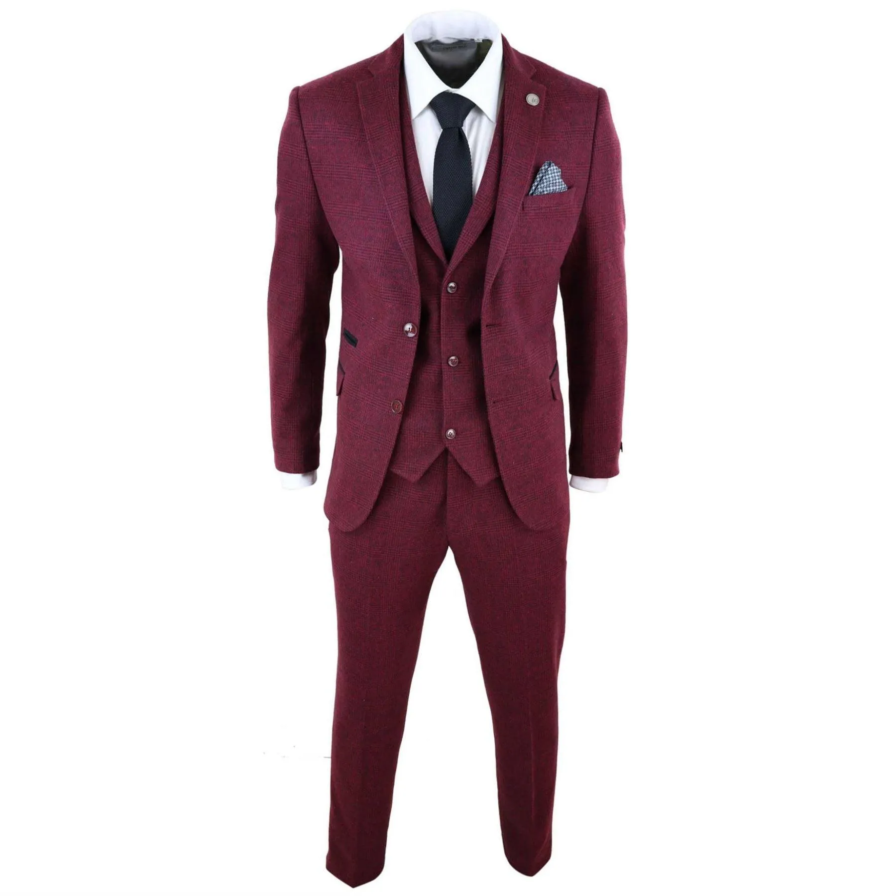 Mens Wine Maroon Check Herringbone Tweed Vintage Tailored Fit 3 Piece Suit Smart